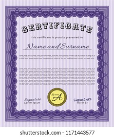 Violet Certificate template or diploma template. Vector illustration. Easy to print. Money Pattern design. 