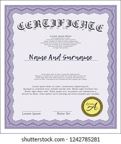Violet Certificate template or diploma template. Vector illustration. Easy to print. Cordial design. 