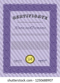 Violet Certificate template or diploma template. Vector illustration. Printer friendly. Superior design. 
