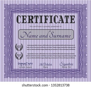 Violet Certificate template or diploma template. Vector illustration. Complex background. Money Pattern. 