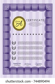 Violet Certificate template or diploma template. Vector illustration. With guilloche pattern and background. Good design. 