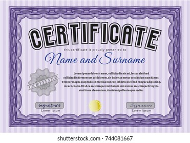 Violet Certificate template. Excellent design. Detailed. With great quality guilloche pattern. 