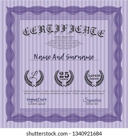 Violet Certificate template. Good design. With complex linear background. Detailed. 