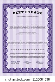 Violet Certificate template. With great quality guilloche pattern. Cordial design. Detailed. 