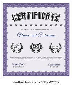 Violet Certificate template. With great quality guilloche pattern. Modern design. Vector illustration. 