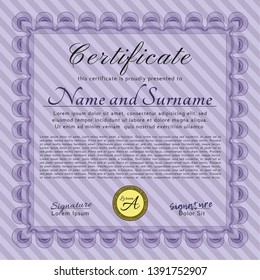 Violet Certificate template. With great quality guilloche pattern. Artistry design. Customizable, Easy to edit and change colors. 