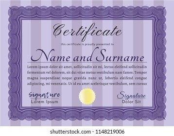 Violet Certificate template. With guilloche pattern. Elegant design. Vector illustration. 