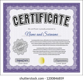 Violet Certificate template. With guilloche pattern. Vector illustration. Beauty design. 