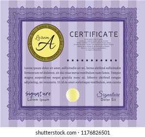 Violet Certificate template. With linear background. Artistry design. Detailed. 