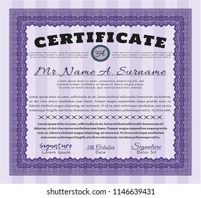 Violet Certificate template. Modern design. Vector illustration. With guilloche pattern. 