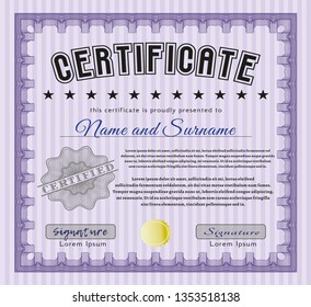 Violet Certificate template. Modern design. With great quality guilloche pattern. Detailed. 