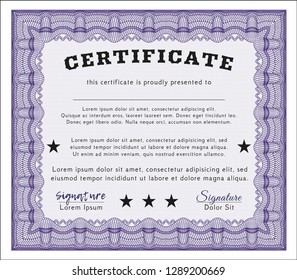 Violet Certificate template. Money Pattern. Detailed. With great quality guilloche pattern. 