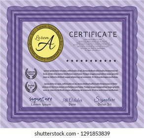 Violet Certificate template. Money Pattern design. Detailed. With complex background. 