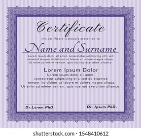 Violet Certificate template. Money Pattern. Detailed. With linear background. 