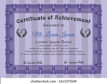 Violet Certificate template. Perfect design. Detailed. With guilloche pattern and background. 
