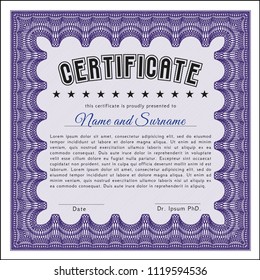Violet Certificate template. Retro design. Vector illustration. Easy to print. 