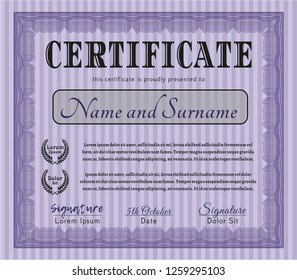 Violet Certificate template. Retro design. Detailed. With complex linear background. 