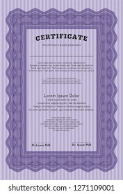 Violet Certificate template. Sophisticated design. With guilloche pattern. Detailed. 