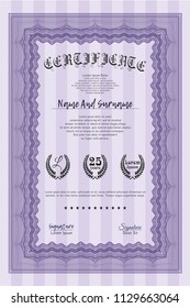 Violet Certificate template. Vector illustration. Complex background. Lovely design. 