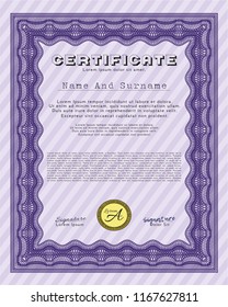 Violet Certificate template. Vector illustration. With great quality guilloche pattern. Beauty design. 