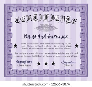 Violet Certificate template. Vector illustration. With guilloche pattern. Money style design. 