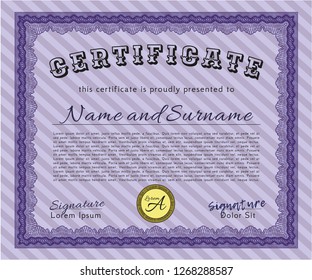 Violet Certificate. Vector illustration. With guilloche pattern and background. Good design. 