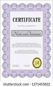 Violet Certificate. Vector illustration. With guilloche pattern. Perfect design. 