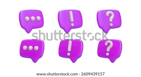 Violet Chat Bubbles With 3D Symbols For Exclamation, Question, Ellipsis And More. Modern Communication Concept For UI, Stickers, Messages. Vector Illustration.