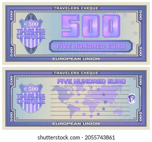 A violet cheque for five hundred euro. Obverse and reverse of a paper check. 3d denomination 500. Shield, world map and hologram