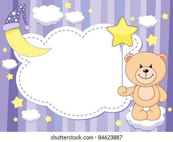 violet child background with moon and teddy bear