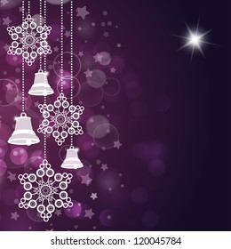 Violet christmas background with bells and stars. Vector