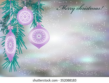 Violet Christmas background with fir twigs and balls.