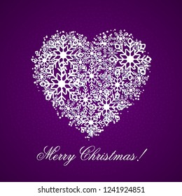 Violet Christmas Background with a heart from snowflakes. For new year and christmas design. Vector illustration.