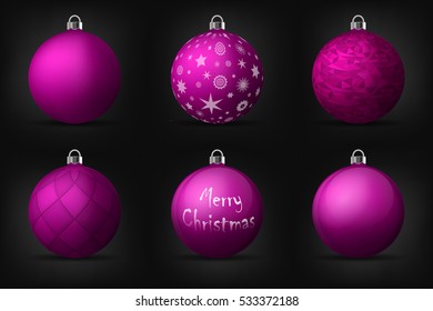 Violet christmas balls with silver holders. Set of isolated realistic decorations on black background. Vector illustrations