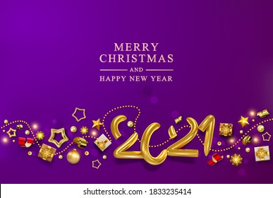Banner navideño violento.Vector de vacaciones Antecedentes con figuras volumétricas 2021, caja de regalos realistas, copo de nieve y confeti dorado brillante, estrellas. Chic Christmas Greeting Card, Afiche, 