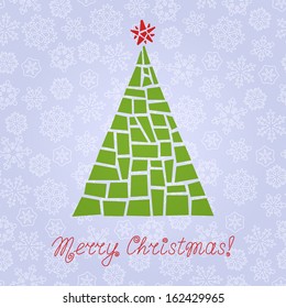 Violet Christmas card with Christmas tree on seamless pattern with snowflakes. Vector illustration