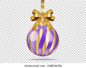 Violet christmas glass ball with golden stripes on a transparent, checkered background.  Festive decoration sphere for xmas and new year. Vector illustration of colorful and realistic object. EPS 10.