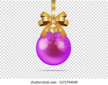 Violet christmas glass ball with stars and bow on a transparent background. Isolated colorful xmas decoration. Realistic vector illustration for your business and design. All elements are editable.