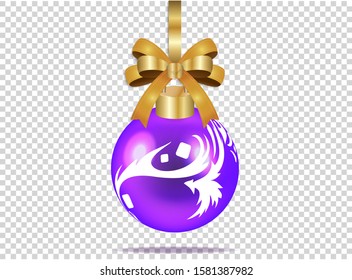 Violet christmas glass ball with white pattern and bow on transparent background. Isolated xmas decoration. Realistic vector illustration for your business and design. All elements are editable. EPS10