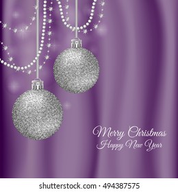 Violet Christmas New Year silk curtain background with glossy glitter silver balls and decor.