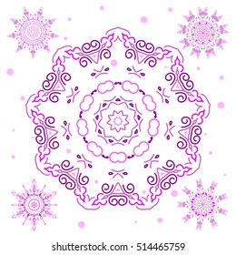 Violet Christmas set with abstract snowflakes and dots on a white background. Vector illustration.
