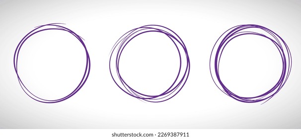 Línea de círculo violeta dibujada a mano. Resaltar el círculo de dibujo a mano aislado en el fondo. Círculo redondo escrito a mano. Para marcar texto, nota, icono de marca, número, lápiz de marcadores, revisión de lápiz y texto, vector