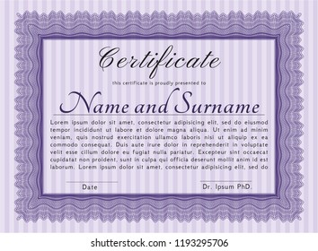 Violet Classic Certificate template. Artistry design. With guilloche pattern. Detailed. 