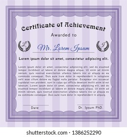 Violet Classic Certificate template. Artistry design. Vector illustration. With great quality guilloche pattern. 