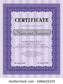 Violet Classic Certificate template. With complex linear background. Vector illustration. Lovely design. 