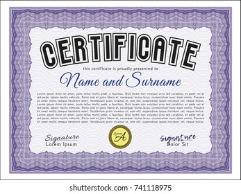 Violet Classic Certificate template. With complex background. Vector illustration. Beauty design. 