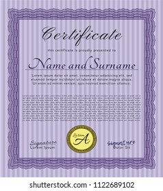 Violet Classic Certificate template. Cordial design. With guilloche pattern. Customizable, Easy to edit and change colors. 