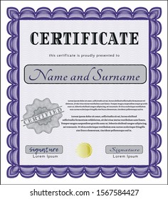 Violet Classic Certificate template. Customizable, Easy to edit and change colors. Complex background. Money Pattern design. 