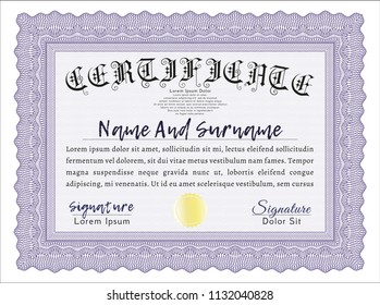 Violet Classic Certificate template. Detailed. With great quality guilloche pattern. Modern design. 