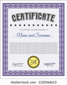 Violet Classic Certificate template. Easy to print. Money style design. Vector illustration. 